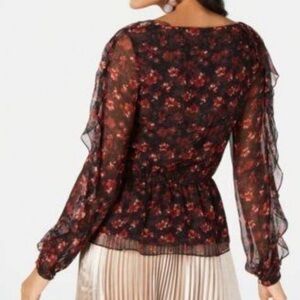 RACHEL ZOE Silk Ruffle-Sleeve Floral Top in Black/Red Multi Size XS